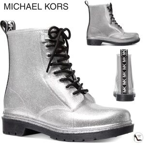MICHAEL KORS Tavie Silver Logo Tape Lug Sole Lace-Up Rain Bootie Fashion Boots 8